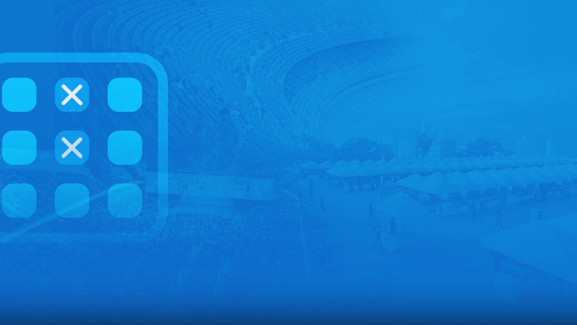 Event seating chart graphic overlaying a blurred stadium background, emphasizing ticketing flexibility and management with WP Seats.