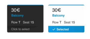 Seat selection options for event ticketing, displaying pricing, location details, and selection status.