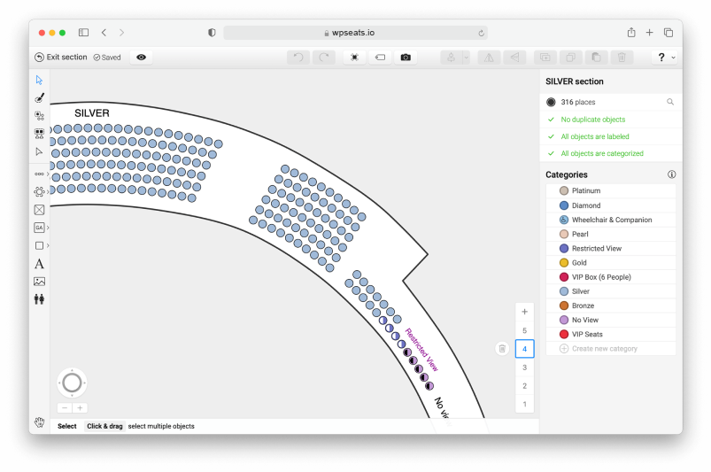 Venue seating chart design interface showing labeled seating sections, including "Silver" and "Restricted View," with categorized seat types for event ticketing management.