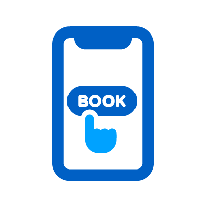 Mobile device displaying a "BOOK" button, symbolizing seamless ticket purchasing and event management solutions by WP Seats.