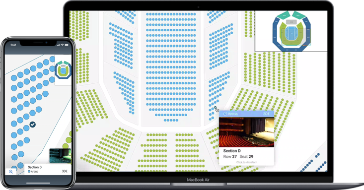 Mobile phone and laptop displaying a customizable seating chart for event ticketing, featuring color-coded seat selections and detailed venue layout.