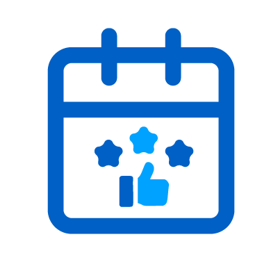 Calendar icon featuring stars and a thumbs-up, symbolizing event success and attendee satisfaction in ticket sales and seating arrangements.